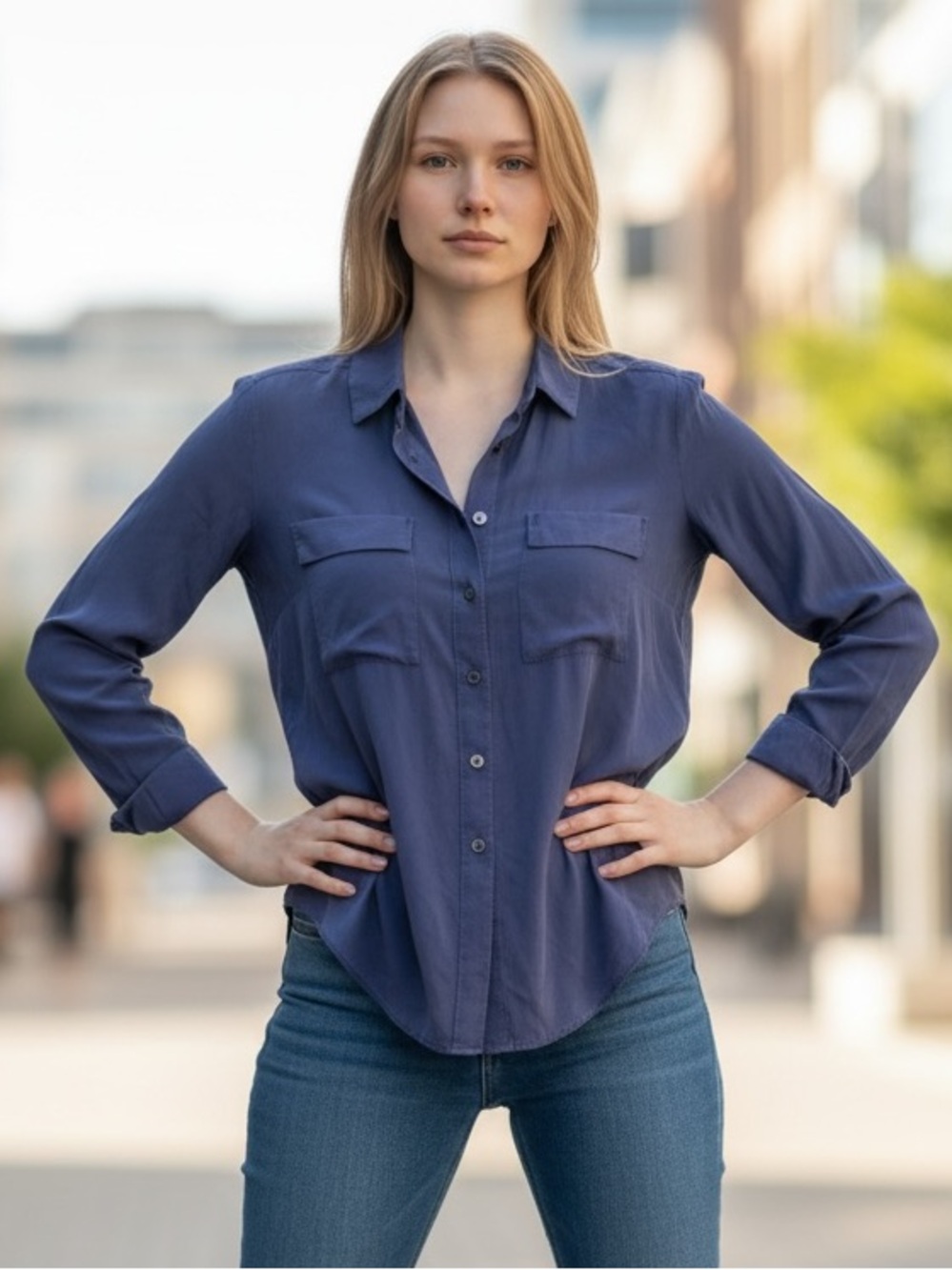 Ann Taylor Navy 100% Silk Button Down Blouse